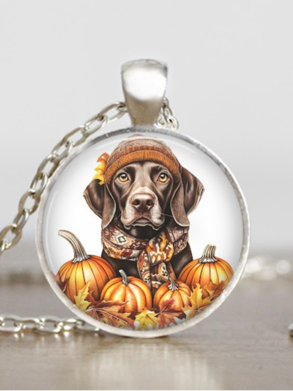 German Shorthaired Pointer Autumn Pumpkin Pendant Necklace in Brown